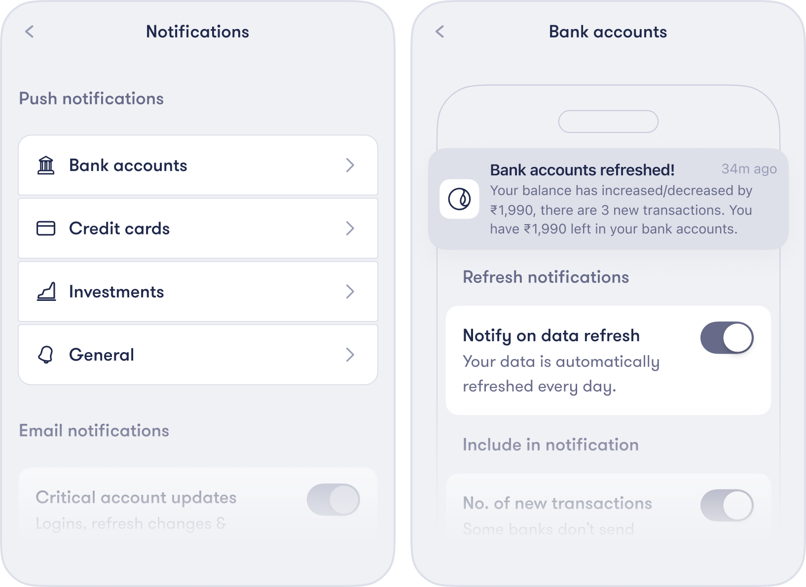 Notification settings in Fold, by bank accounts, credit cards, investments and more