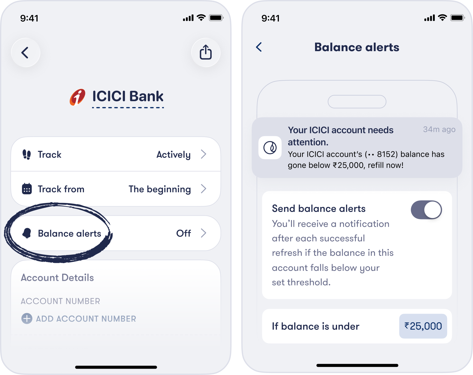 Turning on balance alerts for a bank account in Fold and setting the amount