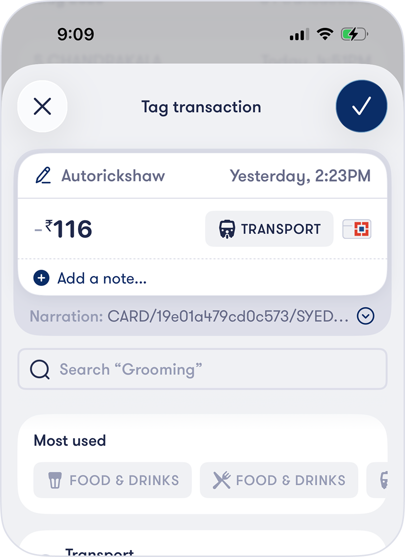 Tagging a transaction in Fold: the transaction stays in view while you pick a tag