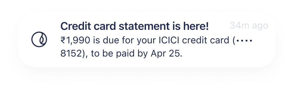 A Fold notification when a credit card statement arrives, with the amount and due date